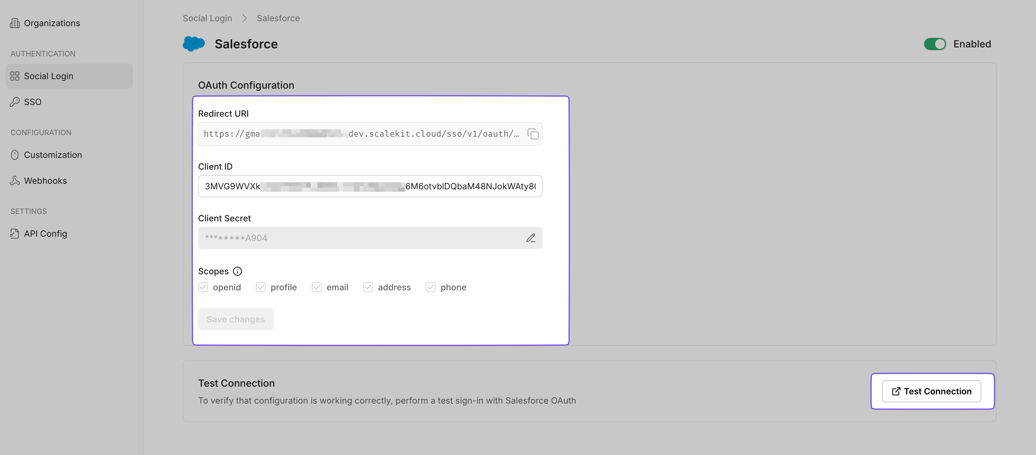 Salesforce OAuth configuration in Scalekit, showing redirect URI, client credentials, and scopes for social login setup.
